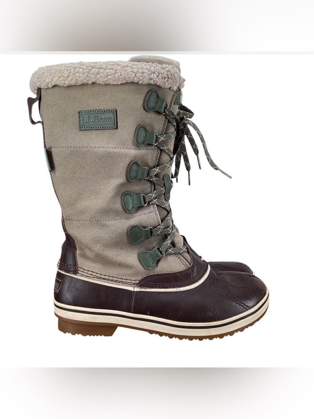 L.L. Bean Tall Lace-Up Winter Boot in Olive Canvas and Brown Leather